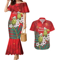 New Zealand Kakapo Christmas Couples Matching Mermaid Dress and Hawaiian Shirt Owl Parrot Santa Sliver Fern Manuka - Red - Polynesian Pride