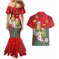 New Zealand Kakapo Christmas Couples Matching Mermaid Dress and Hawaiian Shirt Owl Parrot Santa Sliver Fern Manuka - Red LT14 - Polynesian Pride