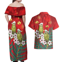 New Zealand Kakapo Christmas Couples Matching Off Shoulder Maxi Dress and Hawaiian Shirt Owl Parrot Santa Sliver Fern Manuka - Red - Polynesian Pride