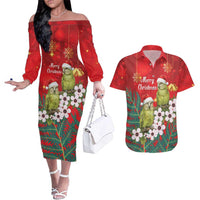 New Zealand Kakapo Christmas Couples Matching Off The Shoulder Long Sleeve Dress and Hawaiian Shirt Owl Parrot Santa Sliver Fern Manuka - Red LT14 Red - Polynesian Pride