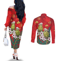 New Zealand Kakapo Christmas Couples Matching Off The Shoulder Long Sleeve Dress and Long Sleeve Button Shirt Owl Parrot Santa Sliver Fern Manuka - Red - Polynesian Pride