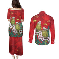 New Zealand Kakapo Christmas Couples Matching Puletasi and Long Sleeve Button Shirt Owl Parrot Santa Sliver Fern Manuka - Red LT14 - Polynesian Pride
