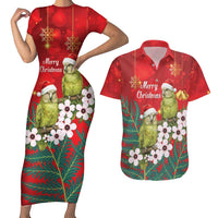 New Zealand Kakapo Christmas Couples Matching Short Sleeve Bodycon Dress and Hawaiian Shirt Owl Parrot Santa Sliver Fern Manuka - Red LT14 Red - Polynesian Pride