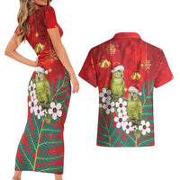 New Zealand Kakapo Christmas Couples Matching Short Sleeve Bodycon Dress and Hawaiian Shirt Owl Parrot Santa Sliver Fern Manuka - Red LT14 - Polynesian Pride