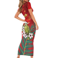 New Zealand Kakapo Christmas Short Sleeve Bodycon Dress Owl Parrot Santa Sliver Fern Manuka - Red - Polynesian Pride