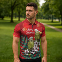 New Zealand Kakapo Christmas Zipper Polo Shirt Owl Parrot Santa Sliver Fern Manuka - Red LT14 - Polynesian Pride