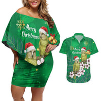 New Zealand Kakapo Christmas Couples Matching Off Shoulder Short Dress and Hawaiian Shirt Owl Parrot Santa Sliver Fern Manuka - Green LT14 Green - Polynesian Pride