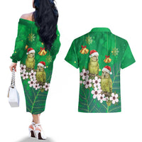New Zealand Kakapo Christmas Couples Matching Off The Shoulder Long Sleeve Dress and Hawaiian Shirt Owl Parrot Santa Sliver Fern Manuka - Green LT14 - Polynesian Pride