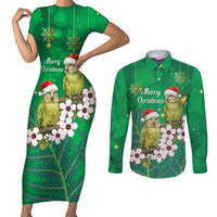 New Zealand Kakapo Christmas Couples Matching Short Sleeve Bodycon Dress and Long Sleeve Button Shirt Owl Parrot Santa Sliver Fern Manuka - Green LT14 Green - Polynesian Pride