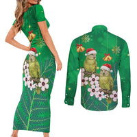 New Zealand Kakapo Christmas Couples Matching Short Sleeve Bodycon Dress and Long Sleeve Button Shirt Owl Parrot Santa Sliver Fern Manuka - Green LT14 - Polynesian Pride