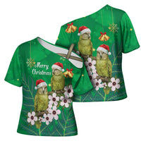 New Zealand Kakapo Christmas Cross Shoulder Shirt Owl Parrot Santa Sliver Fern Manuka - Green - Polynesian Pride
