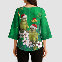 New Zealand Kakapo Christmas Kimono Sleeve Blouse Owl Parrot Santa Sliver Fern Manuka - Green - Polynesian Pride