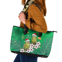 New Zealand Kakapo Christmas Leather Tote Bag Owl Parrot Santa Sliver Fern Manuka - Green - Polynesian Pride