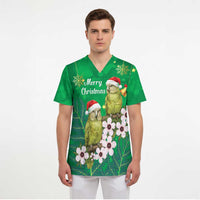 New Zealand Kakapo Christmas Scrub Top Owl Parrot Santa Sliver Fern Manuka - Green - Polynesian Pride