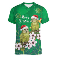 New Zealand Kakapo Christmas Women V-Neck T-Shirt Owl Parrot Santa Sliver Fern Manuka - Green LT14 Female Green - Polynesian Pride