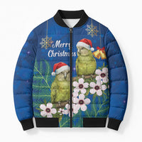 New Zealand Kakapo Christmas Bomber Puffer Jacket Owl Parrot Santa Sliver Fern Manuka - Blue - Polynesian Pride