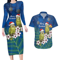 New Zealand Kakapo Christmas Couples Matching Long Sleeve Bodycon Dress and Hawaiian Shirt Owl Parrot Santa Sliver Fern Manuka - Blue LT14 Blue - Polynesian Pride
