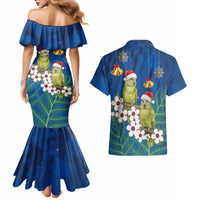New Zealand Kakapo Christmas Couples Matching Mermaid Dress and Hawaiian Shirt Owl Parrot Santa Sliver Fern Manuka - Blue LT14 - Polynesian Pride