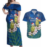 New Zealand Kakapo Christmas Couples Matching Off Shoulder Maxi Dress and Hawaiian Shirt Owl Parrot Santa Sliver Fern Manuka - Blue LT14 Blue - Polynesian Pride