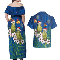 New Zealand Kakapo Christmas Couples Matching Off Shoulder Maxi Dress and Hawaiian Shirt Owl Parrot Santa Sliver Fern Manuka - Blue LT14 - Polynesian Pride
