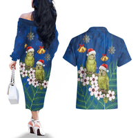 New Zealand Kakapo Christmas Couples Matching Off The Shoulder Long Sleeve Dress and Hawaiian Shirt Owl Parrot Santa Sliver Fern Manuka - Blue - Polynesian Pride