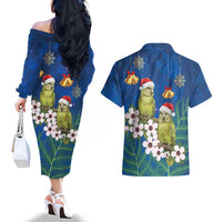 New Zealand Kakapo Christmas Couples Matching Off The Shoulder Long Sleeve Dress and Hawaiian Shirt Owl Parrot Santa Sliver Fern Manuka - Blue LT14 - Polynesian Pride