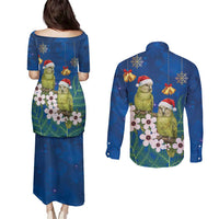 New Zealand Kakapo Christmas Couples Matching Puletasi and Long Sleeve Button Shirt Owl Parrot Santa Sliver Fern Manuka - Blue - Polynesian Pride