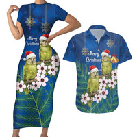 New Zealand Kakapo Christmas Couples Matching Short Sleeve Bodycon Dress and Hawaiian Shirt Owl Parrot Santa Sliver Fern Manuka - Blue LT14 Blue - Polynesian Pride