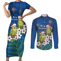New Zealand Kakapo Christmas Couples Matching Short Sleeve Bodycon Dress and Long Sleeve Button Shirt Owl Parrot Santa Sliver Fern Manuka - Blue LT14 Blue - Polynesian Pride