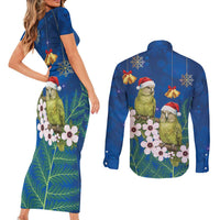 New Zealand Kakapo Christmas Couples Matching Short Sleeve Bodycon Dress and Long Sleeve Button Shirt Owl Parrot Santa Sliver Fern Manuka - Blue LT14 - Polynesian Pride