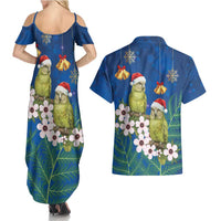 New Zealand Kakapo Christmas Couples Matching Summer Maxi Dress and Hawaiian Shirt Owl Parrot Santa Sliver Fern Manuka - Blue LT14 - Polynesian Pride