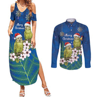 New Zealand Kakapo Christmas Couples Matching Summer Maxi Dress and Long Sleeve Button Shirt Owl Parrot Santa Sliver Fern Manuka - Blue LT14 Blue - Polynesian Pride