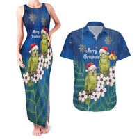 New Zealand Kakapo Christmas Couples Matching Tank Maxi Dress and Hawaiian Shirt Owl Parrot Santa Sliver Fern Manuka - Blue LT14 Blue - Polynesian Pride