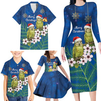 New Zealand Kakapo Christmas Family Matching Long Sleeve Bodycon Dress and Hawaiian Shirt Owl Parrot Santa Sliver Fern Manuka - Blue - Polynesian Pride