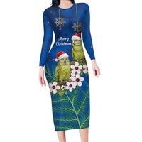 New Zealand Kakapo Christmas Family Matching Long Sleeve Bodycon Dress and Hawaiian Shirt Owl Parrot Santa Sliver Fern Manuka - Blue LT14 Blue - Polynesian Pride