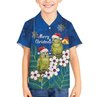New Zealand Kakapo Christmas Family Matching Off The Shoulder Long Sleeve Dress and Hawaiian Shirt Owl Parrot Santa Sliver Fern Manuka - Blue - Polynesian Pride