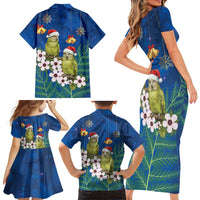 New Zealand Kakapo Christmas Family Matching Short Sleeve Bodycon Dress and Hawaiian Shirt Owl Parrot Santa Sliver Fern Manuka - Blue LT14 - Polynesian Pride