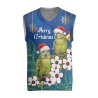 New Zealand Kakapo Christmas Knitted V-Neck Vest Owl Parrot Santa Sliver Fern Manuka - Blue - Polynesian Pride