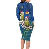 New Zealand Kakapo Christmas Long Sleeve Bodycon Dress Owl Parrot Santa Sliver Fern Manuka - Blue - Polynesian Pride