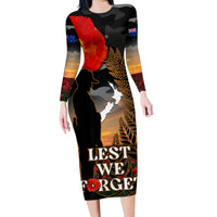 New Zealand ANZAC Day Family Matching Long Sleeve Bodycon Dress and Hawaiian Shirt Lest We Forget Silver Fern With Camouflage LT14 Mom's Dress Black - Polynesian Pride