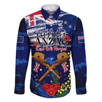 Australia And New Zealand ANZAC Day Family Matching Long Sleeve Bodycon Dress and Hawaiian Shirt Lest We Forget Silver Fern With Golden Wattle LT14 Dad's Shirt - Long Sleeve Blue - Polynesian Pride