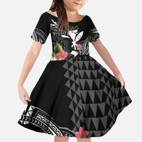 Hawaii Iwa Bird Family Matching Off The Shoulder Long Sleeve Dress and Hawaiian Shirt Great Frigatebird Kanaka Tropical Flowers LT14 Daughter's Dress Black - Polynesian Pride