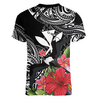 Hawaii Iwa Bird Women V-Neck T-Shirt Great Frigatebird Kanaka Tropical Flowers LT14 - Polynesian Pride