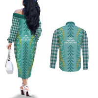 Teal Palaka Hawaii Iwa Bird Couples Matching Off The Shoulder Long Sleeve Dress and Long Sleeve Button Shirt Hawaiian Kakau Jade Vine Lei LT14 - Polynesian Pride