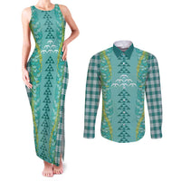 Teal Palaka Hawaii Iwa Bird Couples Matching Tank Maxi Dress and Long Sleeve Button Shirt Hawaiian Kakau Jade Vine Lei LT14 Teal - Polynesian Pride