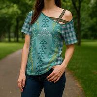Teal Palaka Hawaii Iwa Bird Cross Shoulder Shirt Hawaiian Kakau Jade Vine Lei - Polynesian Pride