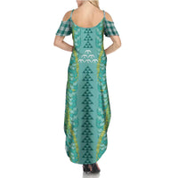 Teal Palaka Hawaii Iwa Bird Family Matching Summer Maxi Dress and Hawaiian Shirt Hawaiian Kakau Jade Vine Lei LT14 - Polynesian Pride