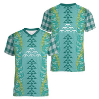 Teal Palaka Hawaii Iwa Bird Women V-Neck T-Shirt Hawaiian Kakau Jade Vine Lei LT14 - Polynesian Pride