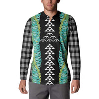 Black Palaka Hawaii Iwa Bird Button Sweatshirt Hawaiian Kakau Jade Vine Lei - Polynesian Pride