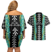 Black Palaka Hawaii Iwa Bird Couples Matching Off Shoulder Short Dress and Hawaiian Shirt Hawaiian Kakau Jade Vine Lei - Polynesian Pride
